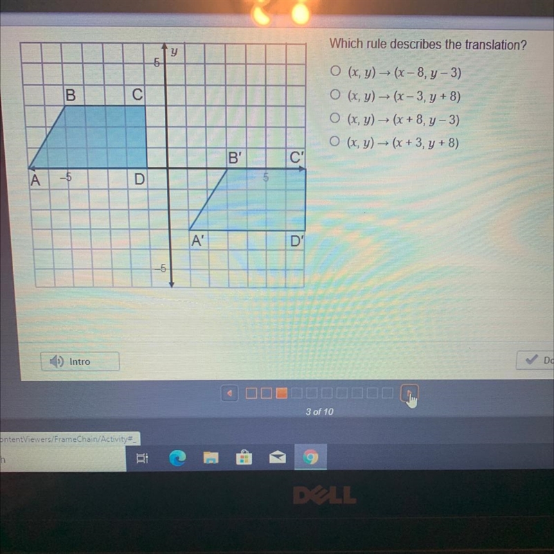 Which rule describes the translation? y 5 B С O(x, y) - (x -8, y - 3) O(x, y) = (x-example-1