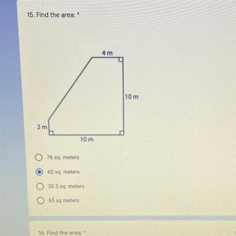 Find the area 76 sq meters 60 sq meters 30.5 sq meters 65 sq meters-example-1