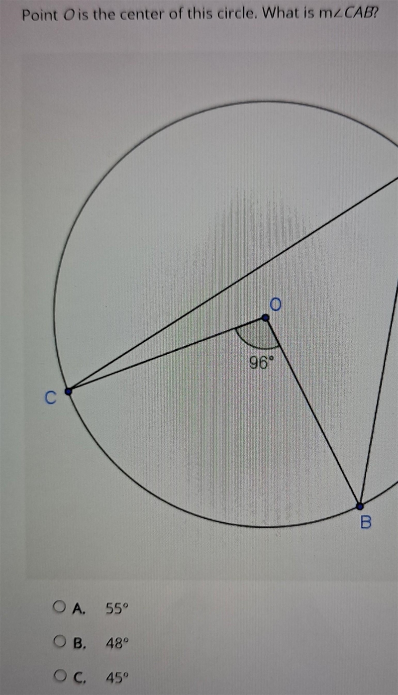 Point o is the center of this circle what is m angle CAB a 55 b 48 c 45 d 35​-example-1