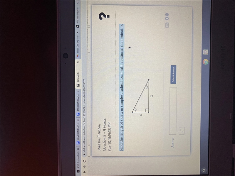 Find the length of side x in simplest radical form with a rational denominator.-example-1