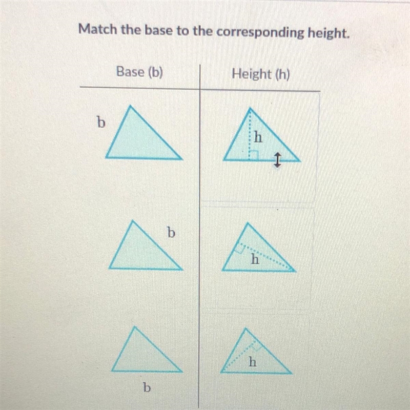 Match the base to the corresponding height. Base (b) Height (h) b b h b-example-1