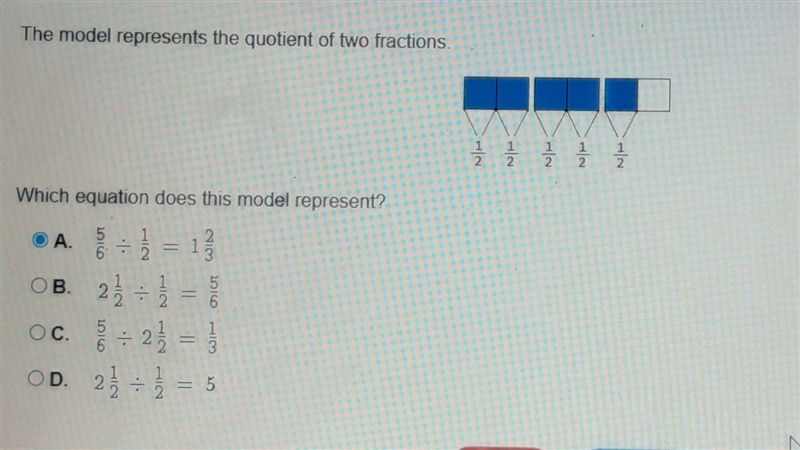 PLEASE HELP!!!!! The model represents the quotient of two fractions. Which equation-example-1