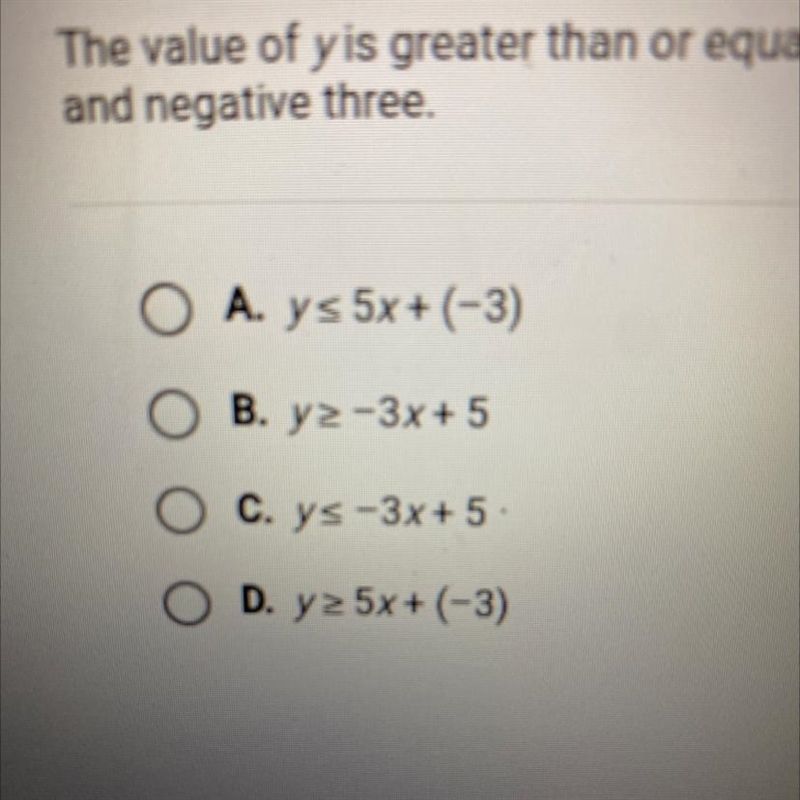 Help pls!!!!! What is the inequality for this verbal description? The value of y is-example-1