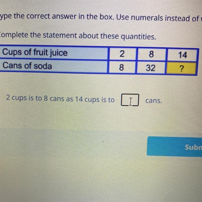 2 cups is to 8 cans as 14 cups is to ___ cans?-example-1