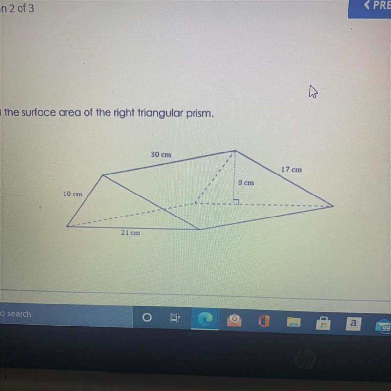 Find the surface area of the right triangular prism.-example-1