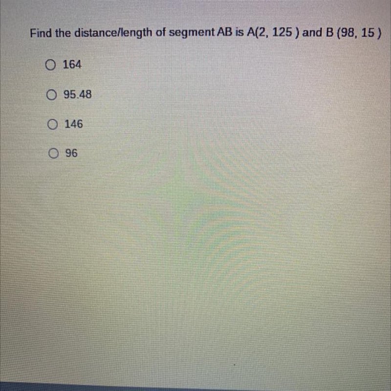 Find the distance/length of segment AB is A(2.125) and B(98, 15)-example-1