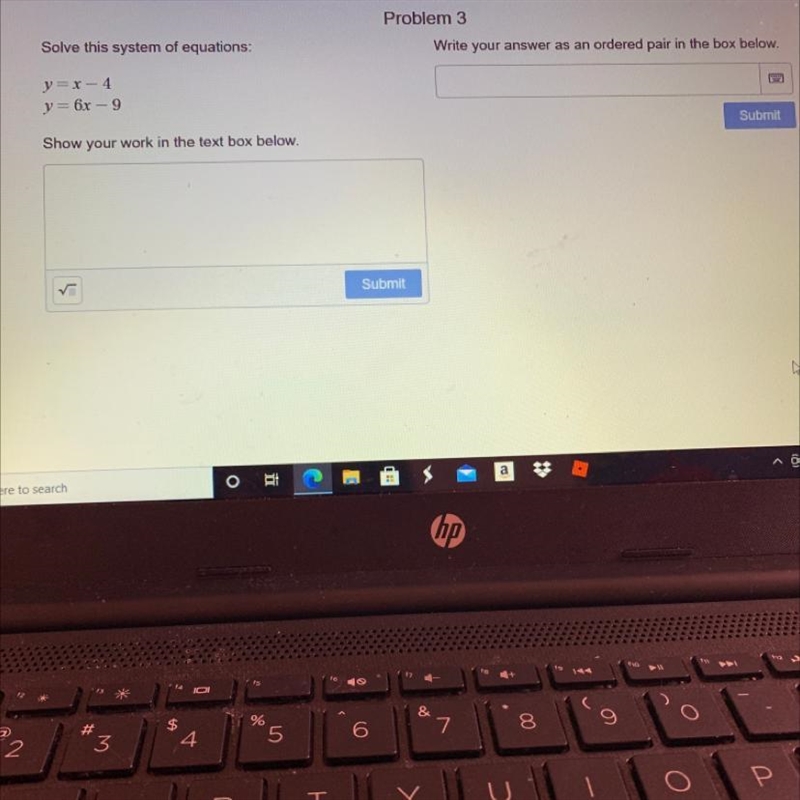 Solve this system of equations: y = x - 4 y = 6x - 9 Show your work in the text box-example-1