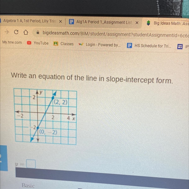 Write an equation of the line in slope-intercept form. 2 у 2 (2, 2) -2 2 4 x (0, - 2) 2 y-example-1