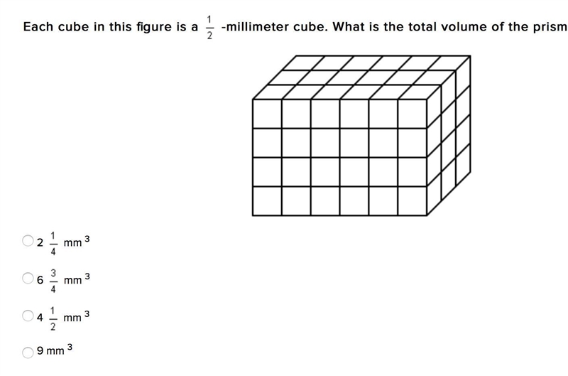 Each cube in this figure is a -millimeter cube. What is the total volume of the prism-example-1