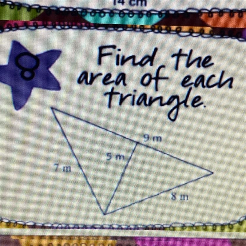 Find the area of each triangle. 9 m 5 m 8m-example-1