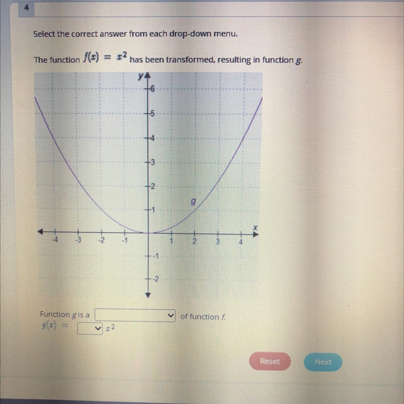 Select the correct answer from each drop down menu Function g is a 1.horizontal translation-example-1