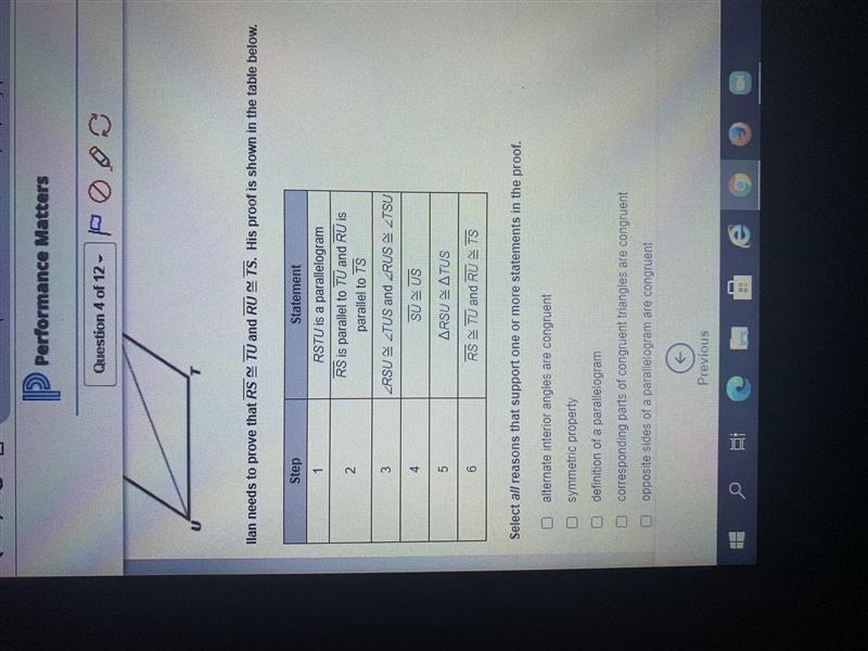 llan needs to prove that overline RS cong overline TU and overline RU cong overline-example-1