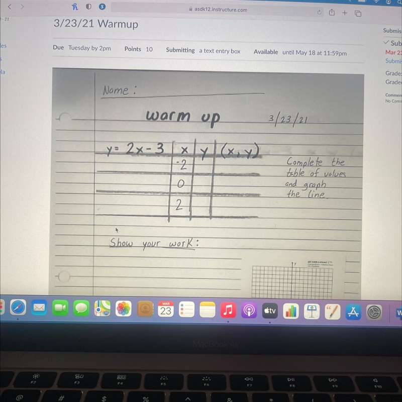 What are the three ordered pairs that should be in the table of values y=2x-3-example-1