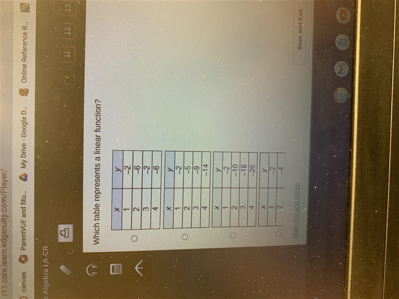 Which table represents a linear function?-example-1