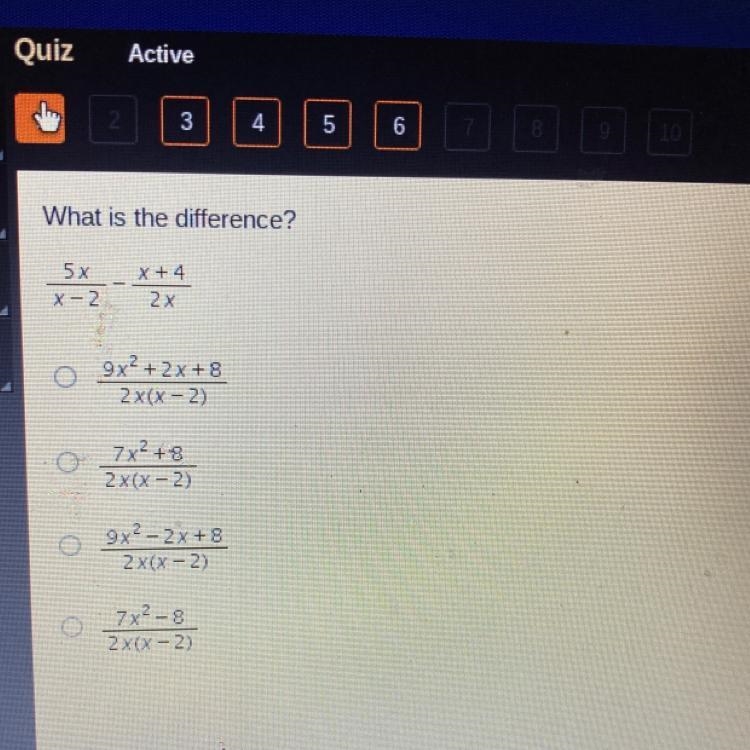 What is the difference? 5x/x-2 - X+4/2x-example-1