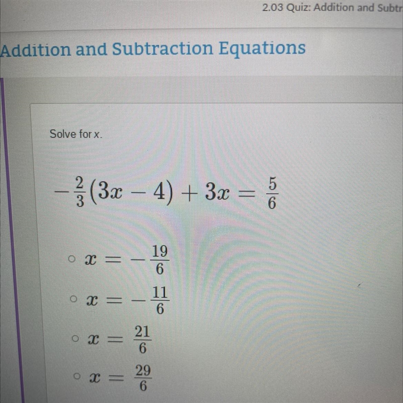 Negative Two thirds (3x-4)+3x= five sixths-example-1