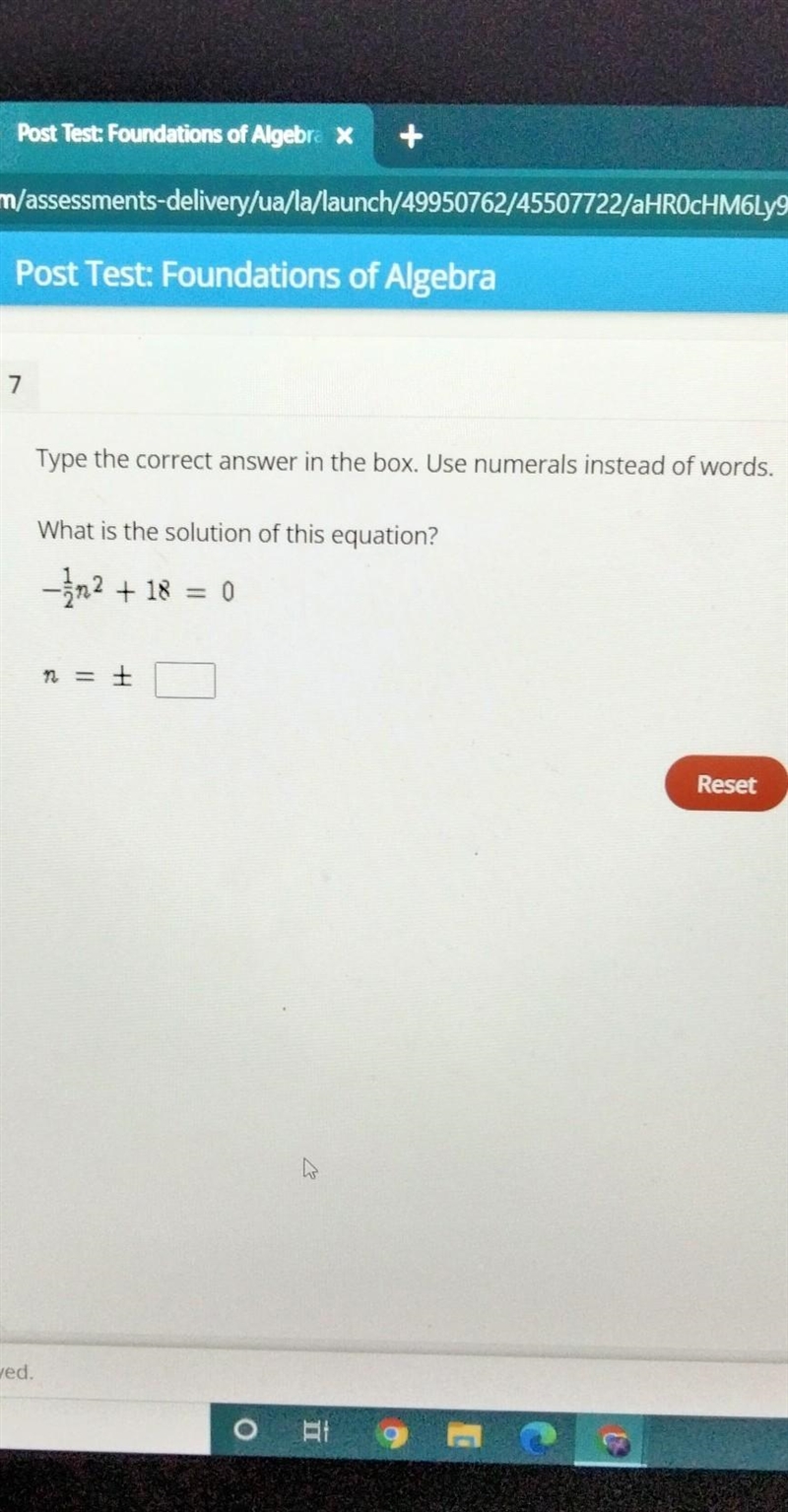 What is the answer -1/2n^2+18=0 n= ___ ​-example-1