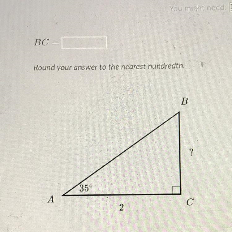 BC - Round your answer to the nearest hundredth. B ? 35 A с 2.-example-1