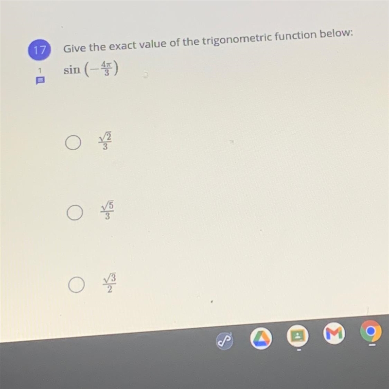 Give the exact value of the trigonometric function below: sin (45)-example-1