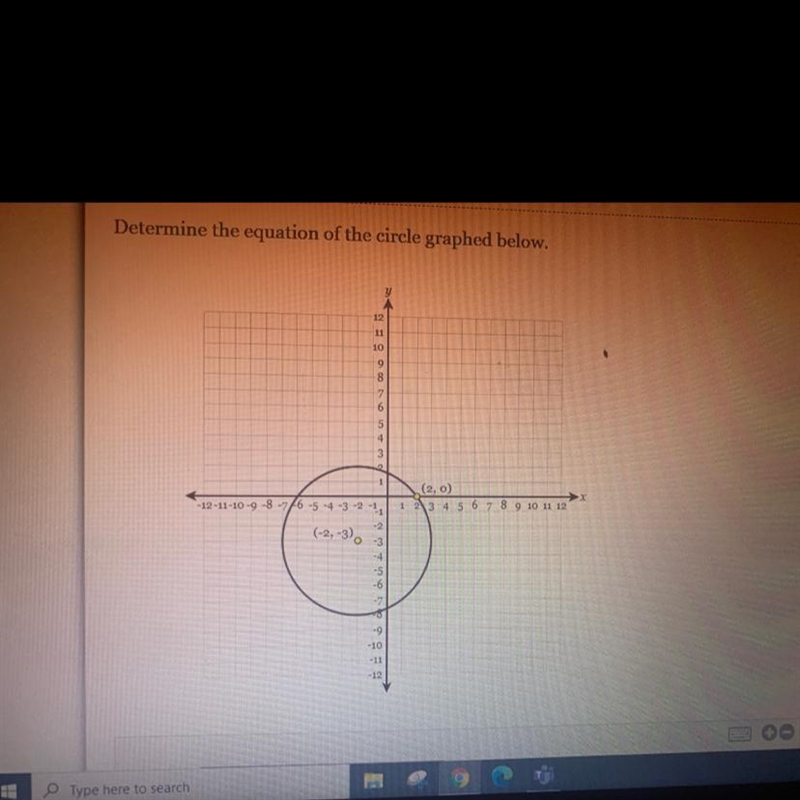 Determine the equation of the circle graphed below.-example-1