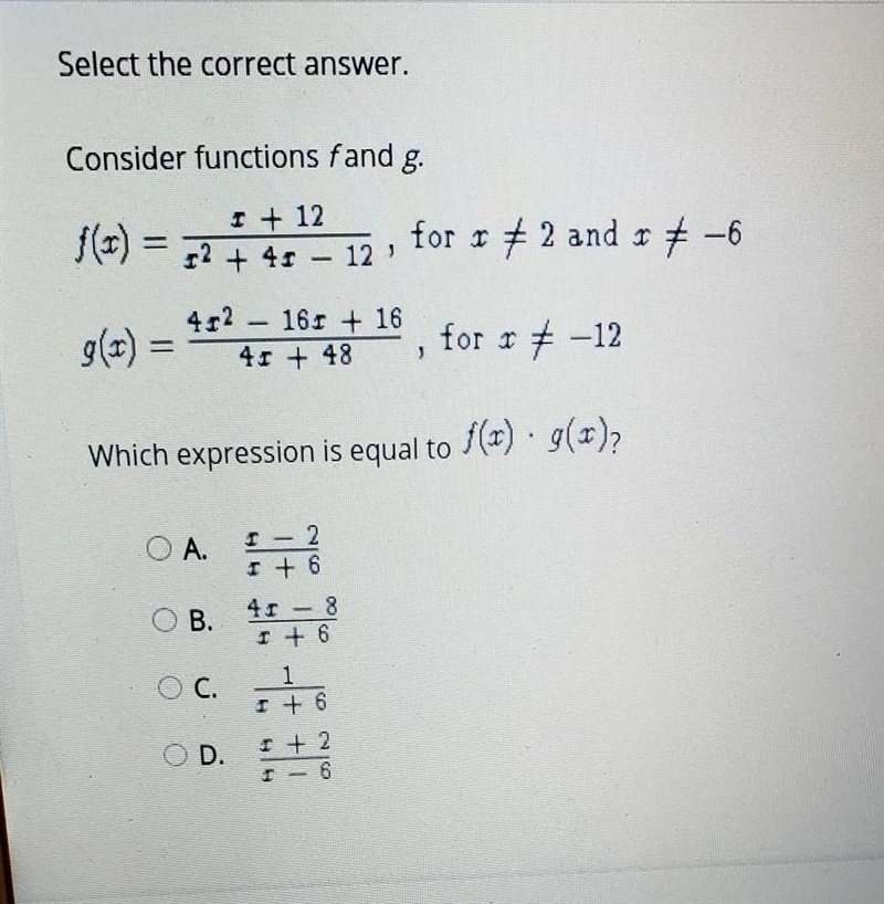 Select the correct answer. Consider functions fandg f(3) = 5.2.1, for 3 + 2 and = + -6 4:2 – 16: + 16 96) = 4+ 48, for-example-1