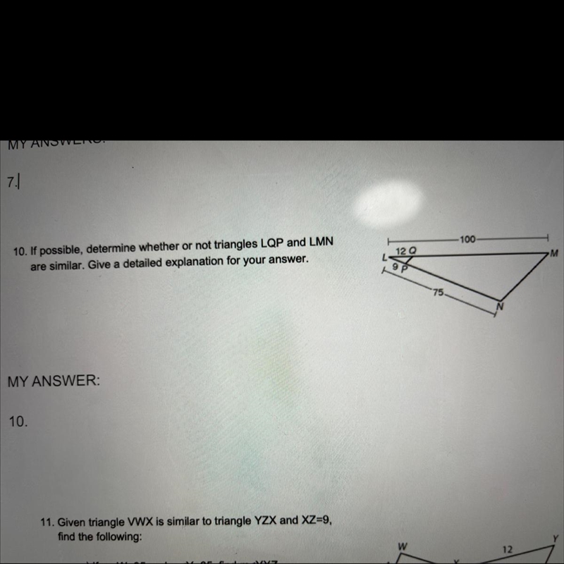 10. If possible, determine whether or not triangles LQP and LMN are similar. Give-example-1