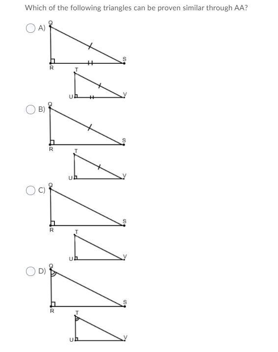 Which of the following triangles can be proven similar through AA?-example-1