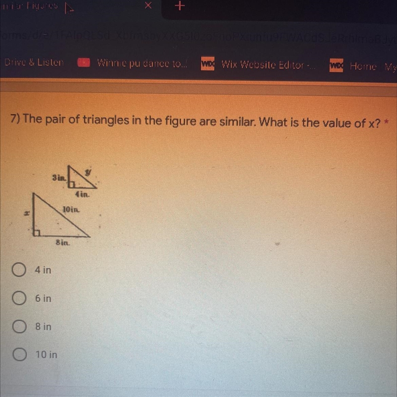 The pair of triangles in the figure are similar. What is the value of x? * 12 point-example-1