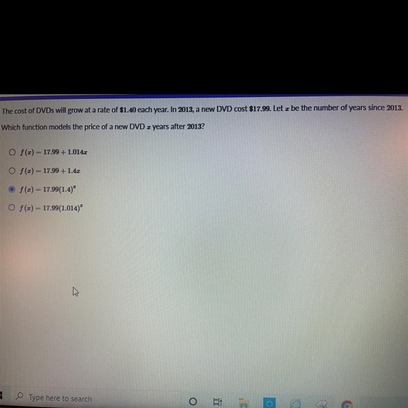 The cost of DVDs will grow at a rate of $1.40 each year. In 2013, a new DVD cost $17.99. Let-example-1