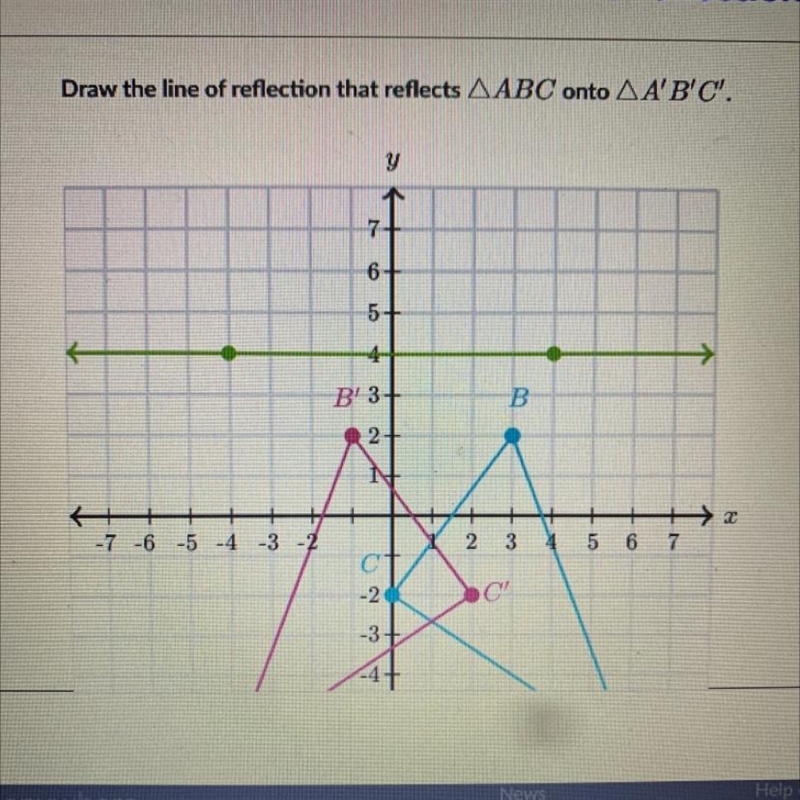 Draw the line of reflection that reflects ABC onto AA'B'C'. y 7 Pro 6- 5- Ted 4 B-example-1