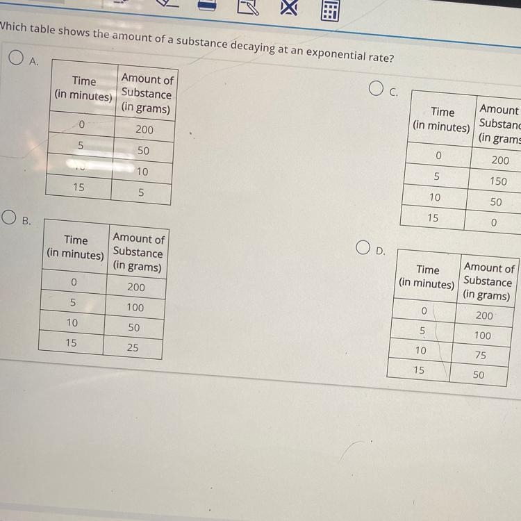 Which table shows the amount of a substance decaying at an exponential rate?-example-1