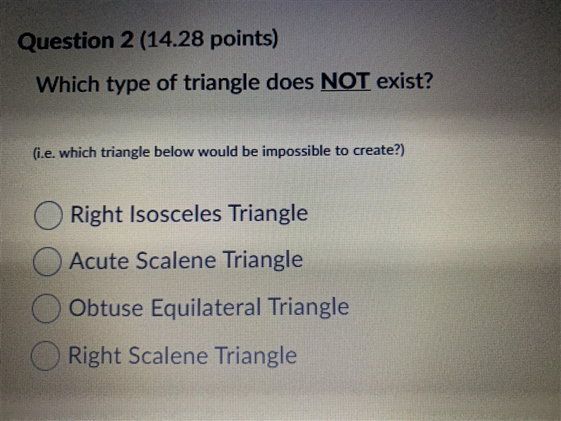 Which type of triangle does NOT exist? A.) Right Isosceles Triangle B.) Acute Scalene-example-1