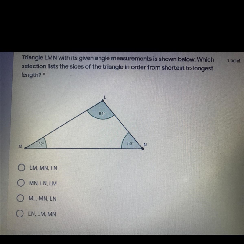 Triangle LMN with its given angle measurements is shown below. Which selection lists-example-1