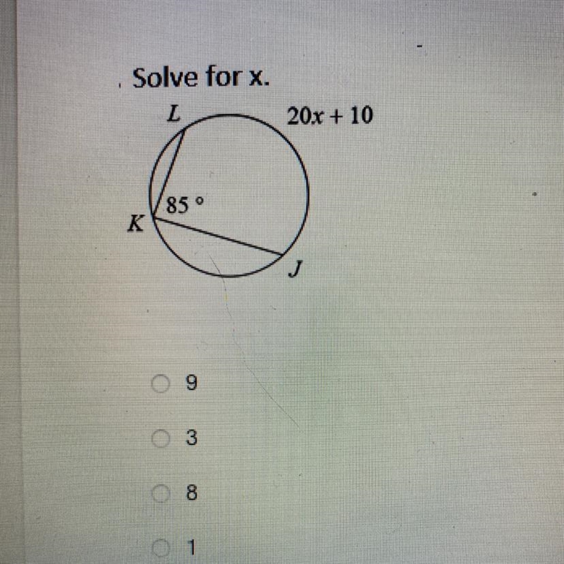 Pic added Solve for x. L 20x + 10 850 K J 3 8-example-1