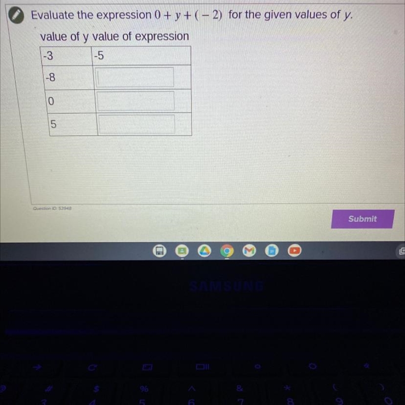 Evaluate the expression ( + y +(-2) for the given values of y. value of y value of-example-1