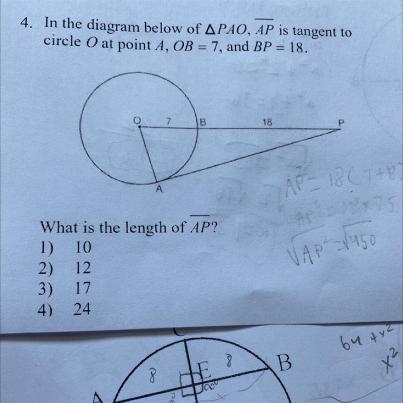 What is the length of AP? 1) 10 2) 12 3) 17 4) 24-example-1