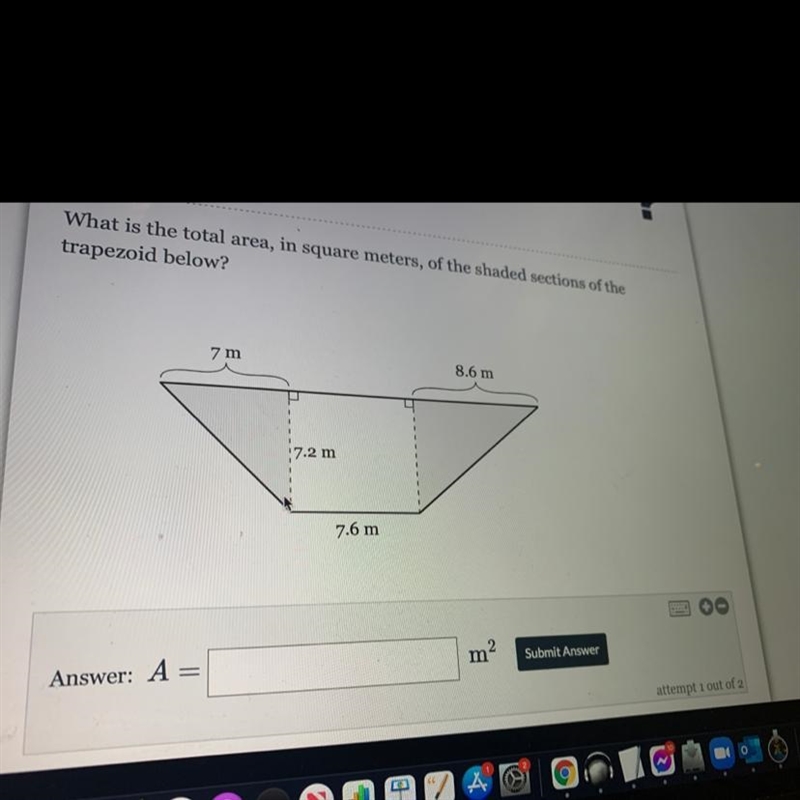 What is the total area, in square meters, of the shaded sections of the trapezoid-example-1