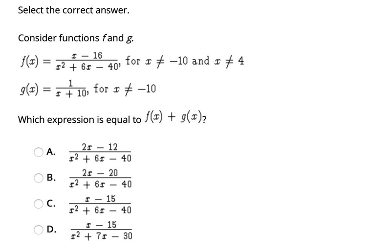 PLEASE HELP! 25 PTS!! Consider function f and g. f(x)=(x-16)/(x^2+6x-40) for x\\eq-example-1