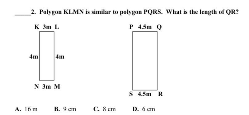 Polygon KLMN is similar to polygon PQRS. What is the length of QR?-example-1