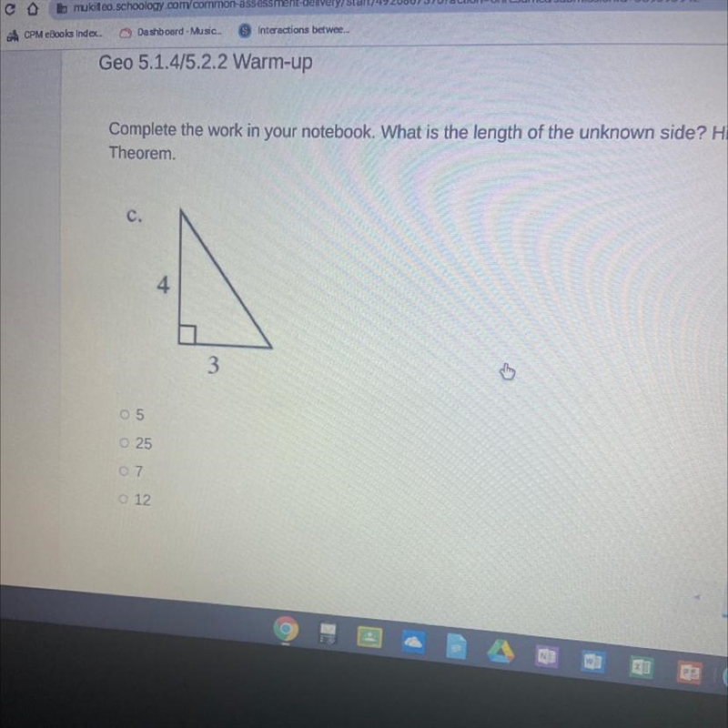 What is the length of the unknown side? Hint: Pythagorean Theorem.-example-1