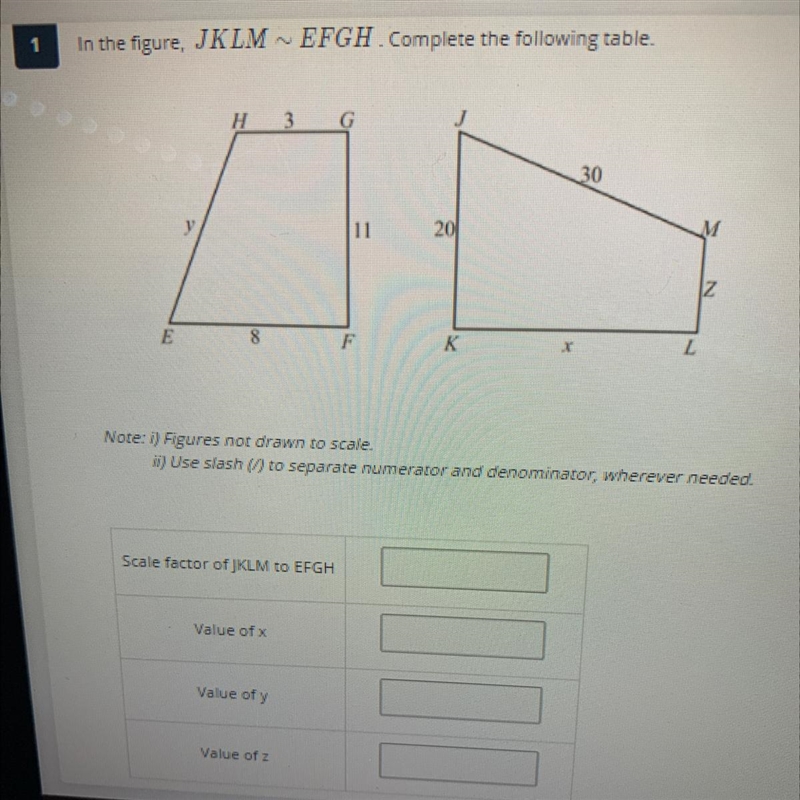 In the figure JKLM ~ EFGH. complete the following table.-example-1