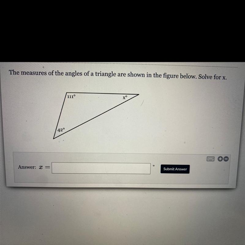 The measures of the angles of a triangle are shown in the figure below. Solve for-example-1