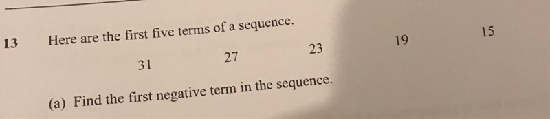 Here are the first terms of a sequence. 31,27,23,19,15 Find the first negative term-example-1