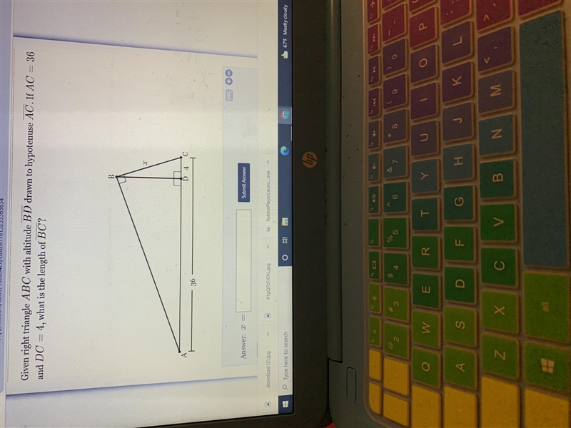 Given right triangle abc with altitude bd drawn to hypotenuse ac.if ac=36 and dc=4,what-example-1