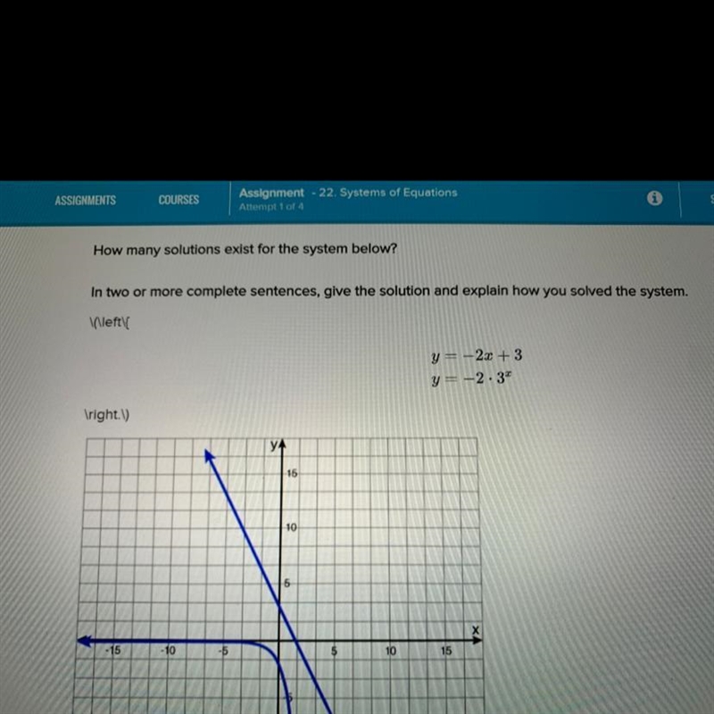 Pls help me How many solutions exist for the system below? y = -2x + 3 y = -2.3x-example-1