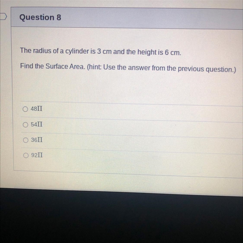 The radius of a cylinder is 3 cm and the height is 6 cm. Find the Surface Area. (hint-example-1