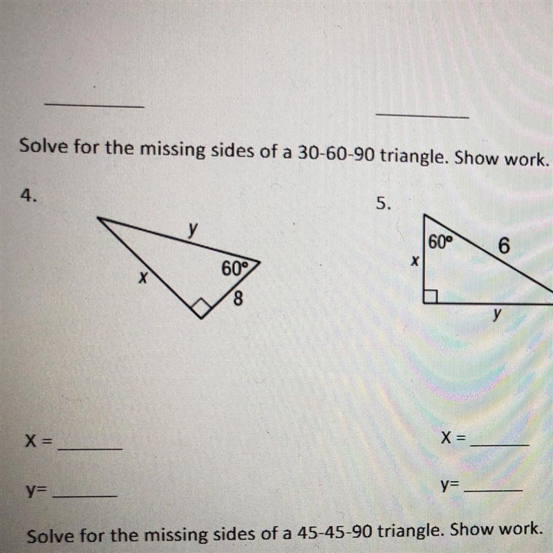 Solve for the missing sides 30-60-90 triangle show work please and thank you-example-1