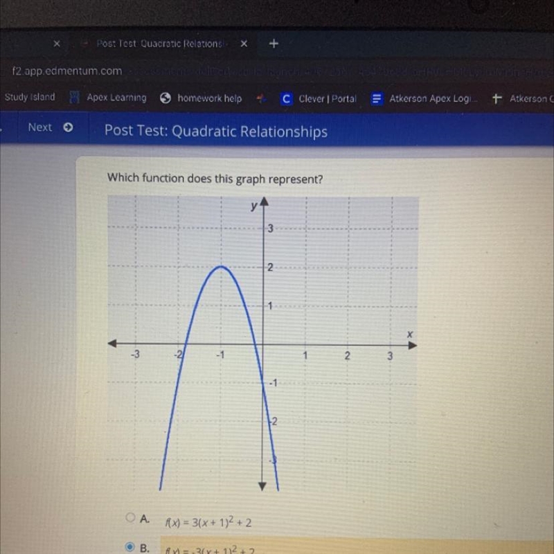 Which function does this graph represent? A. F(x) = 3(x + 1)^2 + 2 B. F(x) = -3(x-example-1