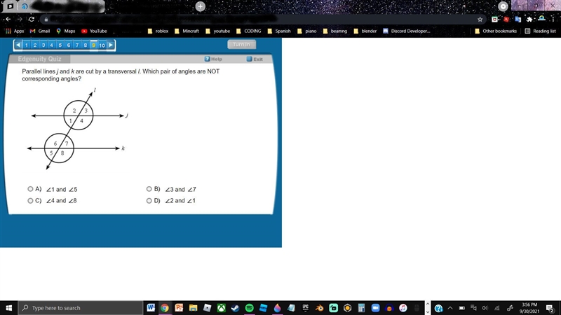 Parallel lines j and k are cut by a transversal l. Which pair of angles are NOT corresponding-example-1