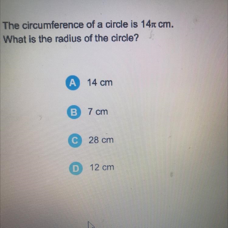 The circumference of a circle is 140 cm. What is the radius of the circle?-example-1